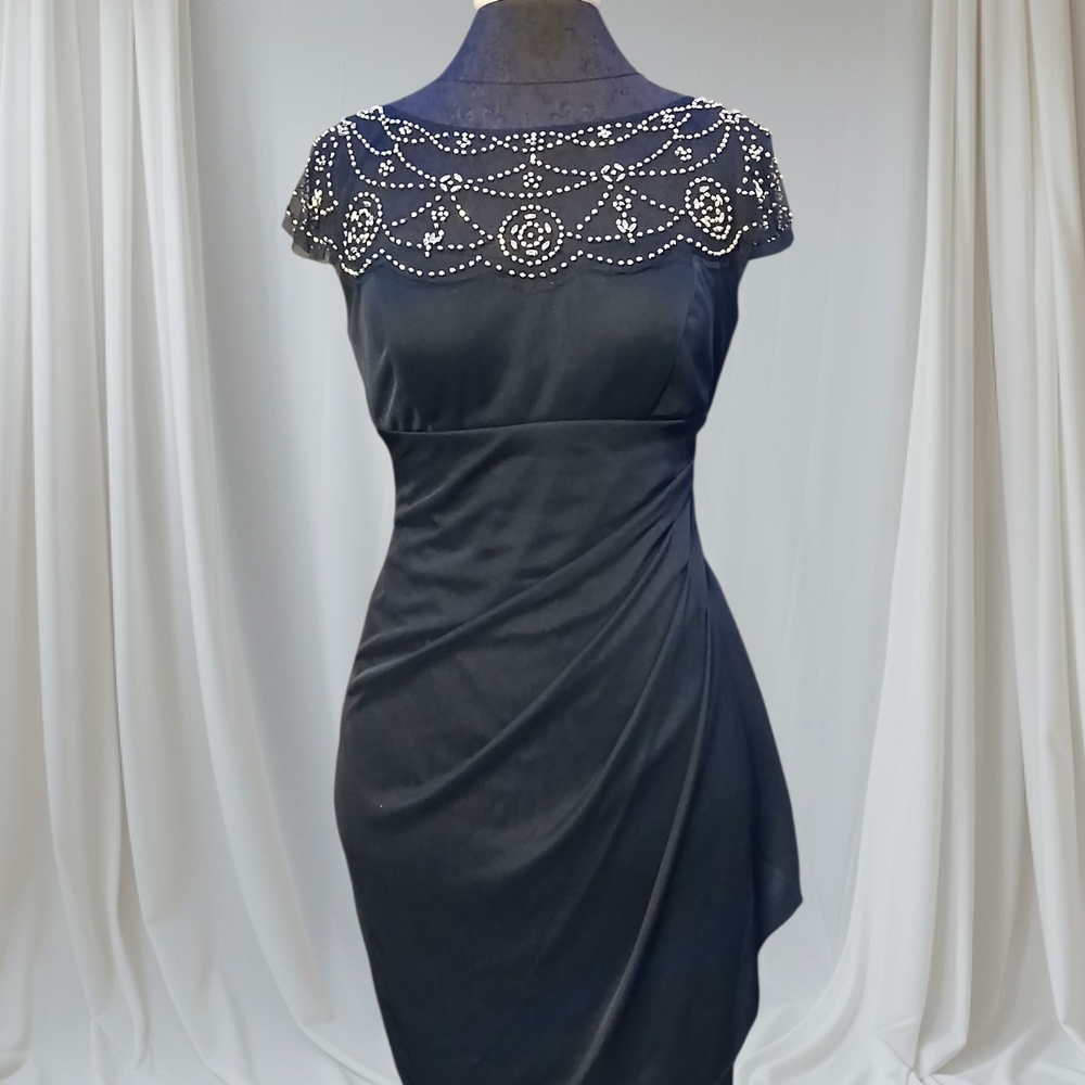 Chic Blue Midi Dress with Embellished Neckline